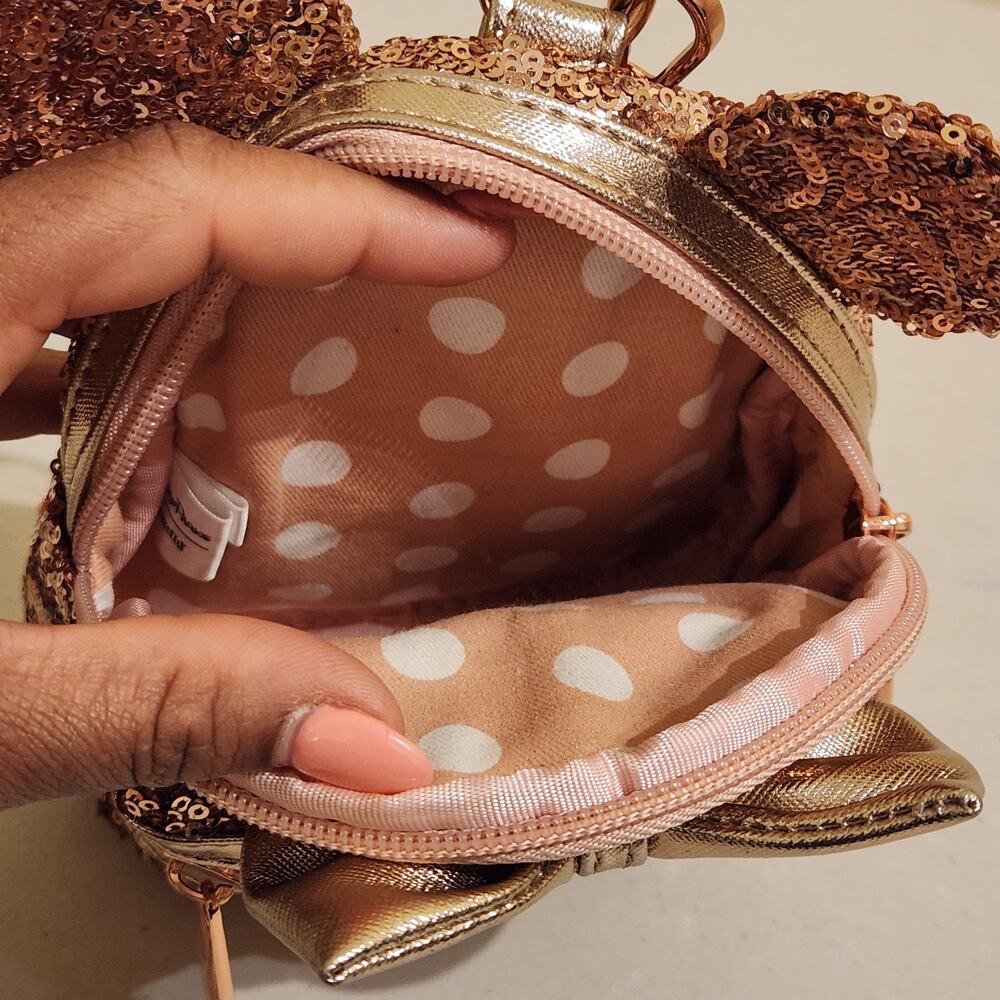 Loungefly Disney Parks Rose Gold Sequin Mini Backpack Wristlet Minnie Lux Bag - Picture 4 of 8